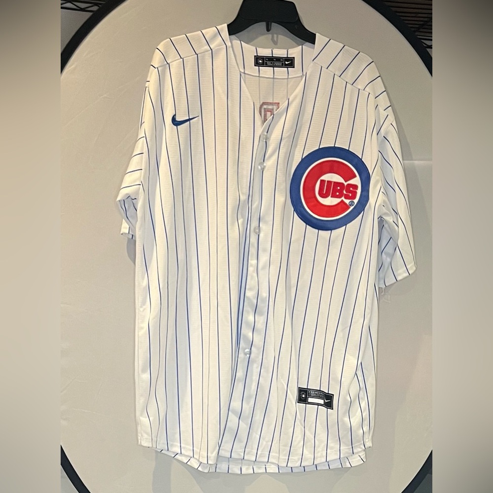 Nike Chicago Cubs White Blue Pinstripe Jersey with Red Logo